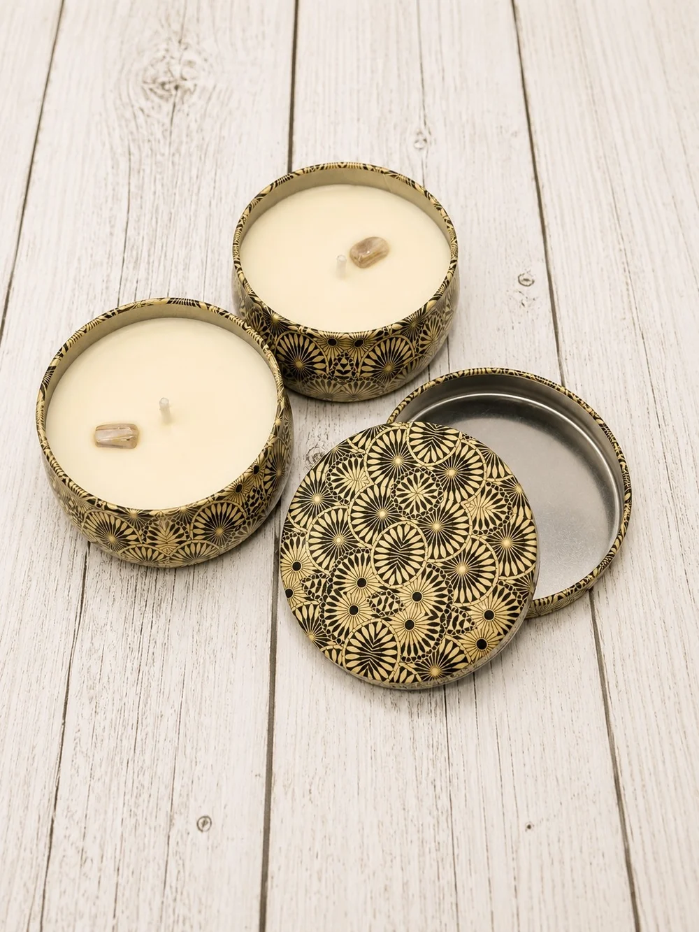 2 Decorative Gold Patterned Tin Candles - Cream Soy Wax With Gemstones